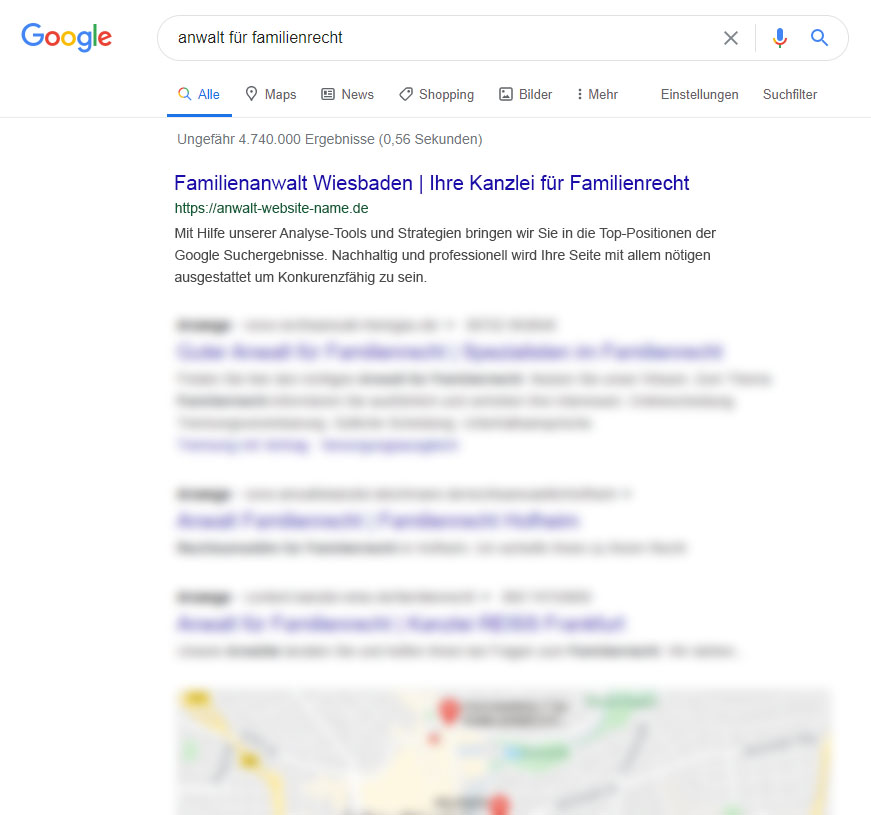 Google Suchergebnisse SEO Anwalt Website Anwaltskanzlei Webdesign Homepage